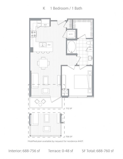 Floor plan for 1 bed, 1 bath, 753 sqft